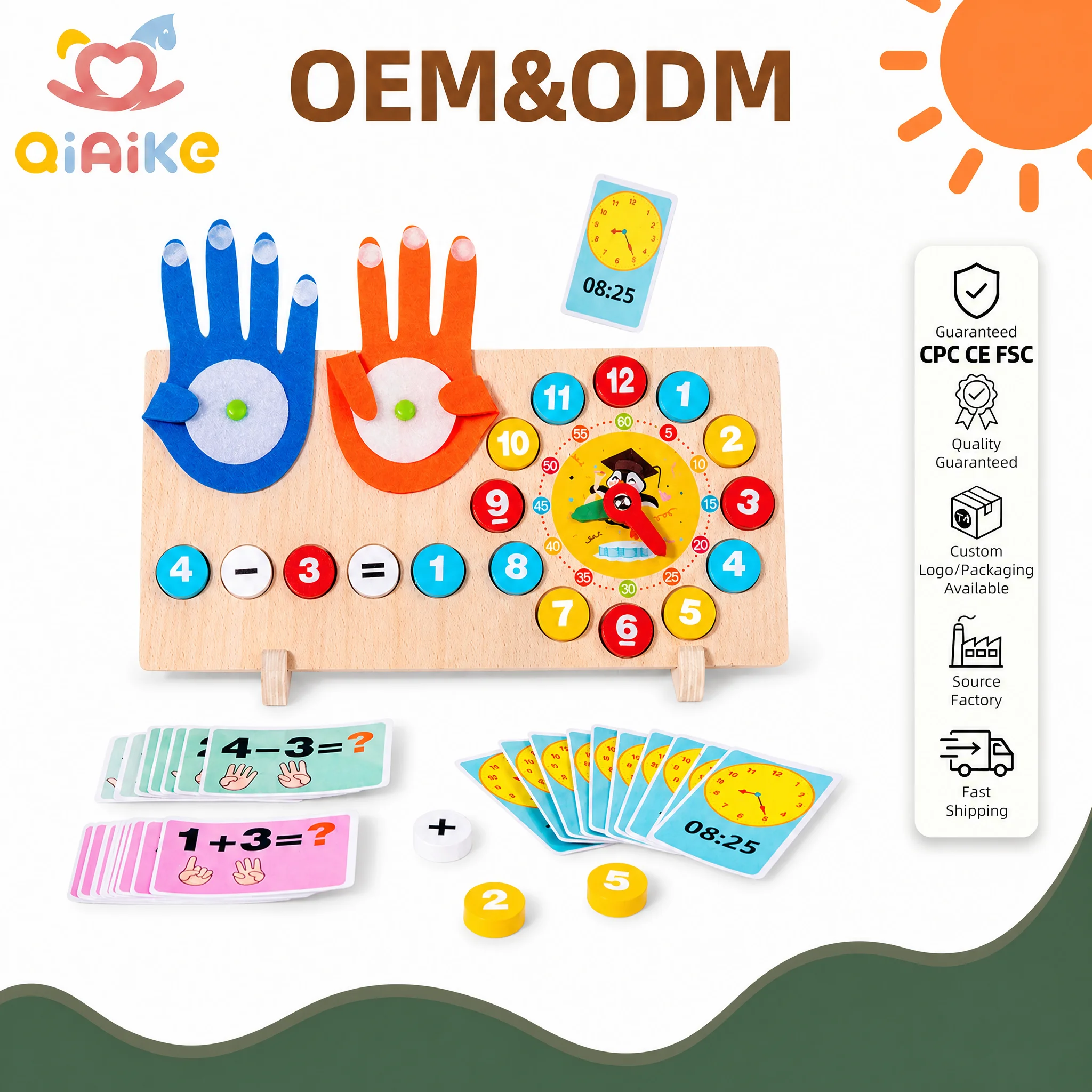 Tableau mathématique en bois Montessori – Jouet éducatif pour compter sur les doigts, apprendre l’addition, la soustraction et lire l’heure, destiné aux enfants ; fabrication sur mesure (OEM/ODM) pour grossistes