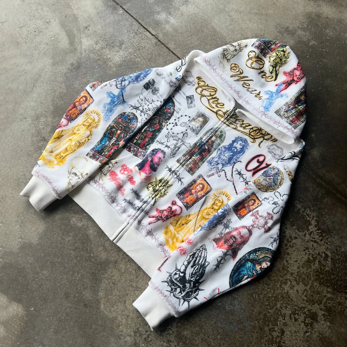 Manufacturer Custom Luxury All Over Printing Graphic Streetwear Acid Wash Oversized Jacket Zip up Waffle Knit Vintage Men Hoodie gallery 3