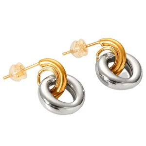 MW Ins 18K Gold Two Tone Smooth Double Circle Round Pendant Earrings for Women Stainless Steel Gold Plated Earrings Jewelry Gift