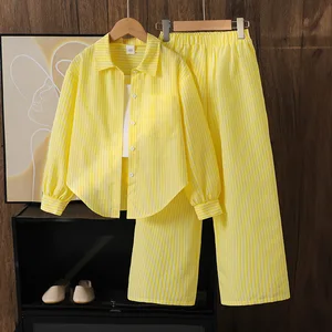 Big Girl Autumn Casual Boutique 2 Pcs Suit Set Back Bows Yellow Long Sleeved Shirt + Pants Clothes for Kids