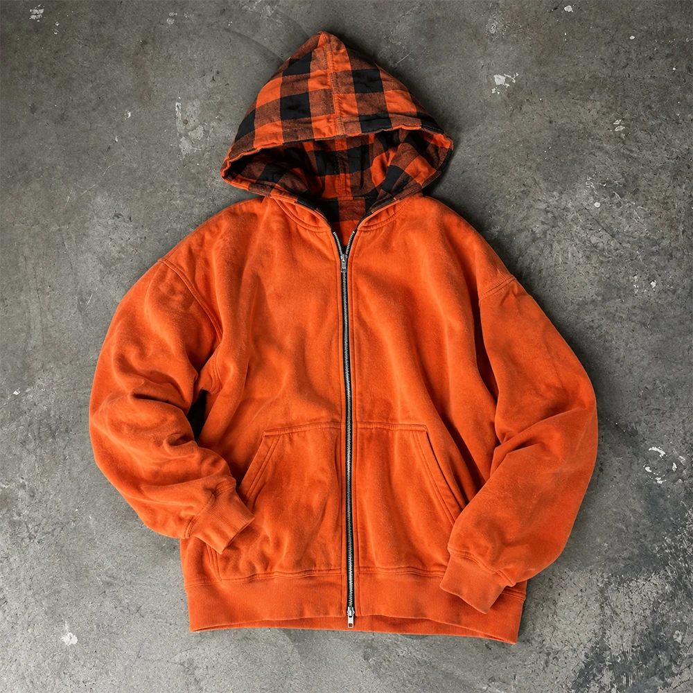 Manufacturers Clothing Custom Vintage Streetwear Oversized Plaid Lined Hood Heavyweight Zip up Acid Wash Hoodie Unisex