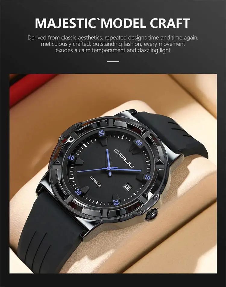 Crrju Watch 5030 Elegant Custom Logo Man Quartz Watch Stylish Silicone Band  Waterproof Date Display Character Casual Watch Set