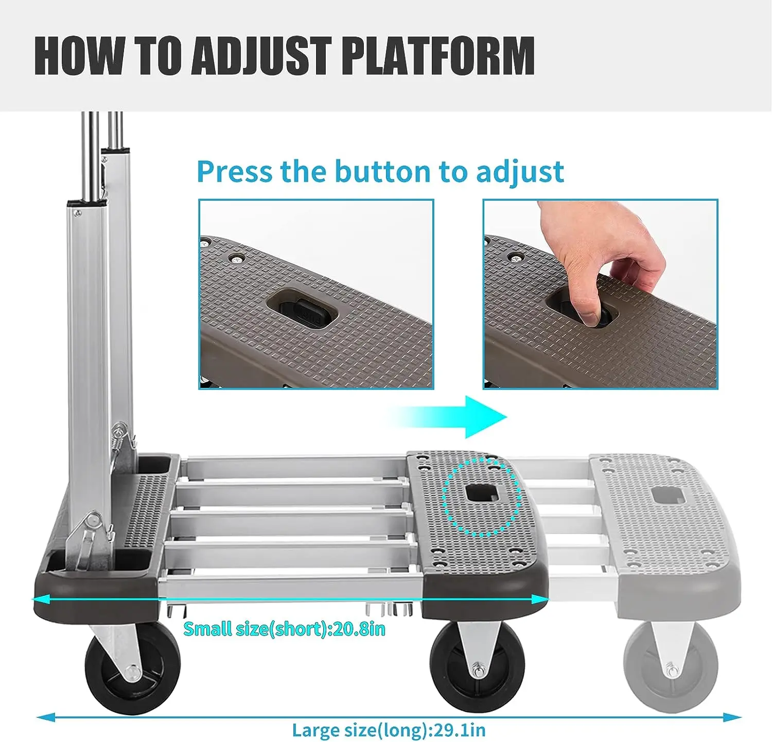 Platform Cart Foldable Push Cart Aluminum Adjustable Length Dolly Cart with Polyurethane Mute Wheel Platform Hand Truck Portable