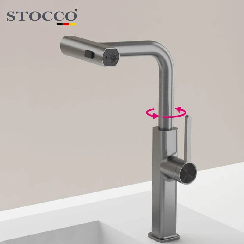 STOCCO Modern Design Single Hole Deck 3 Way Pull Waterfall Kitchen Faucet Brass Material Ceramic Unique Gun Cold Water Tap Pull