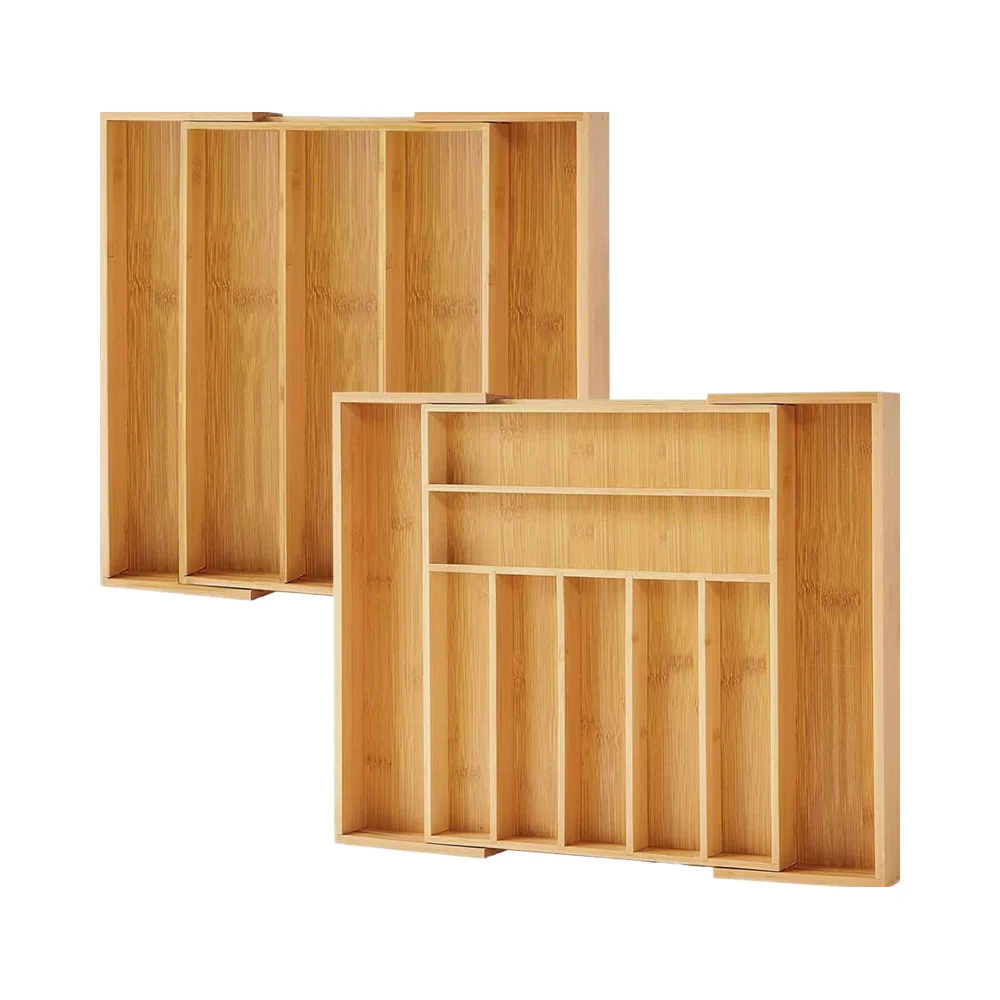 Premium 2-Pack Bamboo Drawer Organizer Expandable Silverware Utensil Tray Dividers 7-9 Slots Kitchen Organizer for Flatware