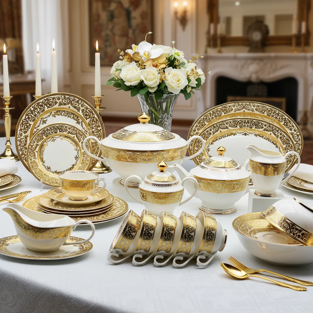 98点豪華エンボス加工ゴールド食器ロイヤルスタイルボーンチャイナ磁器