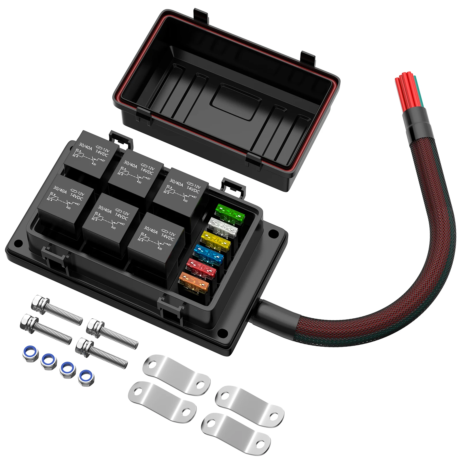 Buachois Relaisbox, 6-weg relaishouder, waterdichte zekeringsrelaiskast met 6 relais, 12 V, ABS-zekeringhouder, relaiskast, plug-and-play voor auto's, marine, auto
