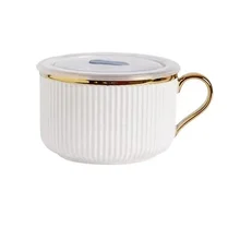 White striped ceramic bowl with lid for instant noodles