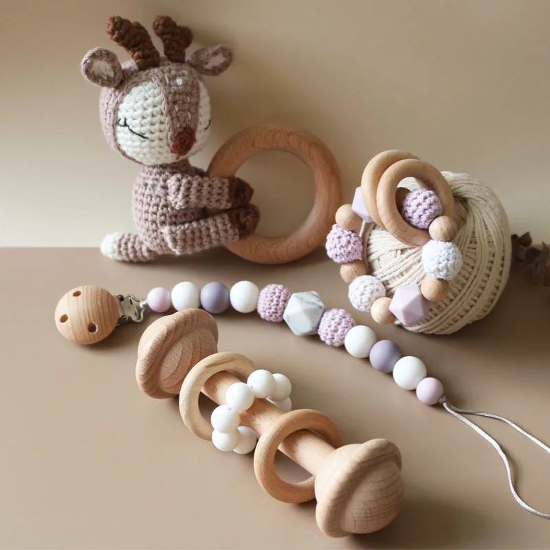 Baby Teething Bracelet Crochet Deer Rattle Toy Wood Silicone Beads Pacifier Clip 