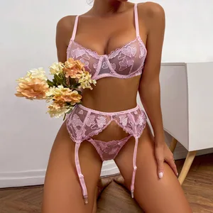 Factory New Design Custom Fashion Women Pink Two Piece Lingeries Heart Lace Embroidery Garter Transparent Sexy Lingerie Set