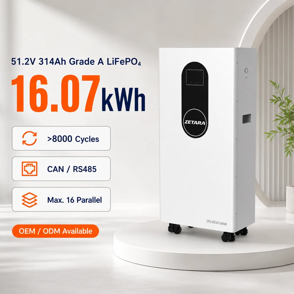 ZETARA 16kWh 51.2V 314Ah Battery Iraq Stock Fast Shipping Wall Mounted LiFePO4 Battery Pack for Solar Storage