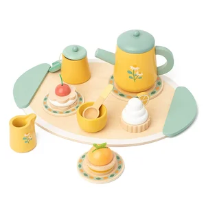 Global Top-seller Children's Yellow Flowers Afternoon Tea Set Juguetes  Wood Preschool Kitchen Pretend Toys for Kids Boys Girls