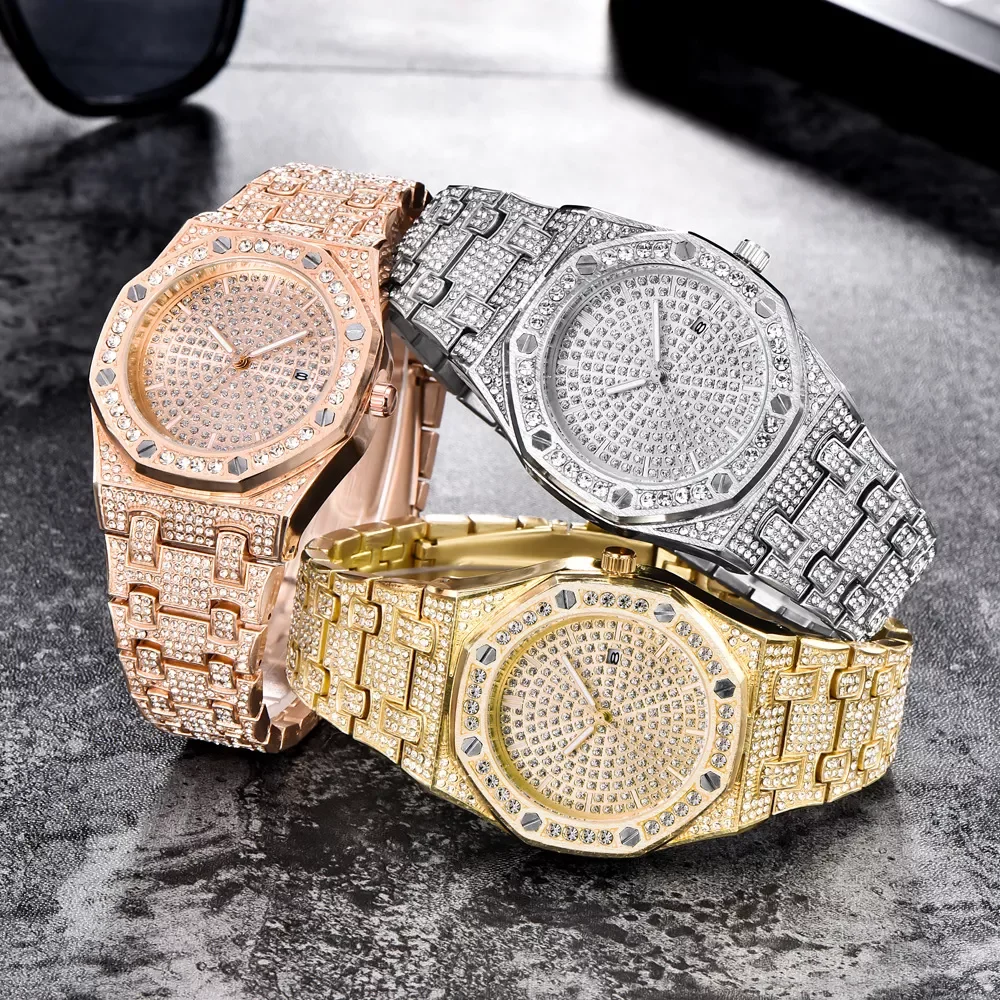 Reloj de pulsera con diamantes estilo Hip Hop para hombre, cronógrafo de  lujo, cadena cubana, oro y plata, con caja, 2022