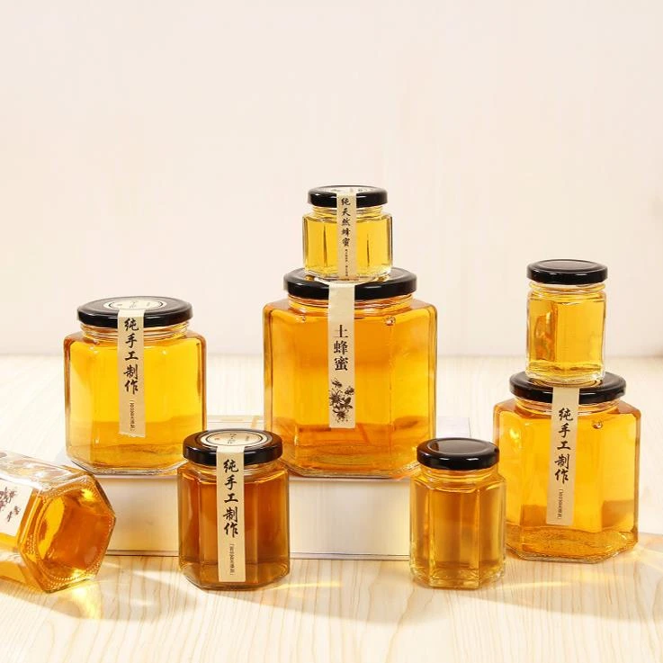 Transparent Empty Honey Glass Jar Hexagonal Glass Jar with Leak Proof Lid