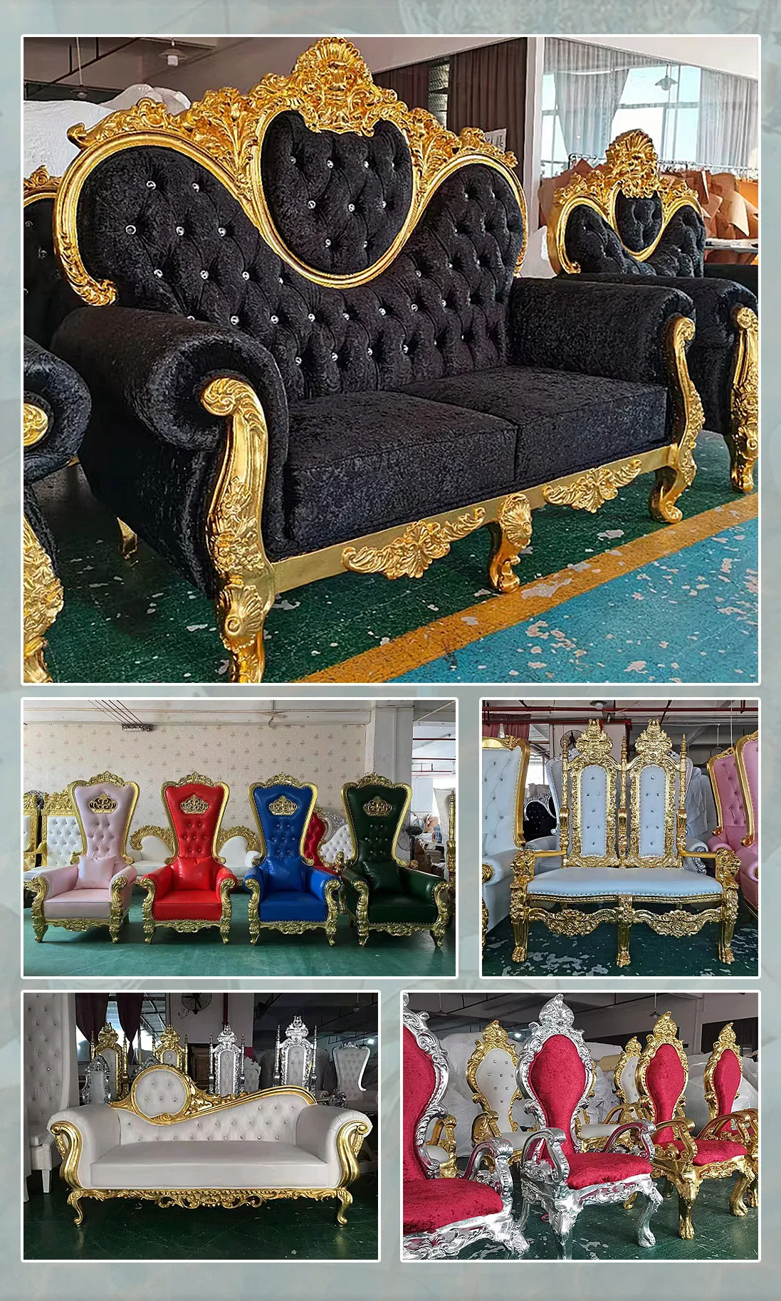 Velvet Black High Back Throne Chair Golden Wedding King Sofa Red Blue
