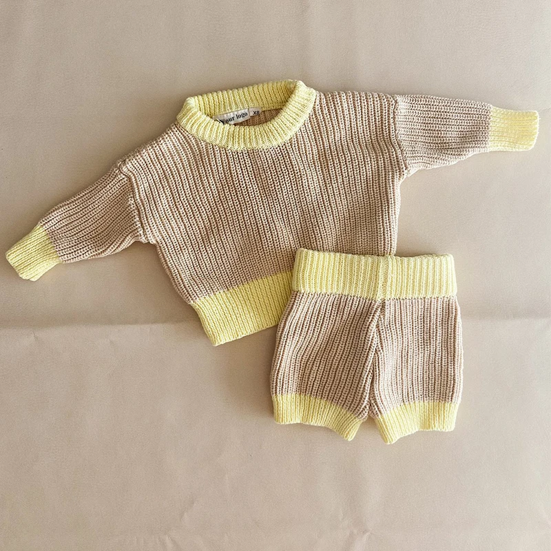 Pinuotu Baby Set Toddler Knitted Cotton Newborn Pullover Shorts Color Block  Chunky Knit Sweater Kids Baby Girl Boy Clothing Sets