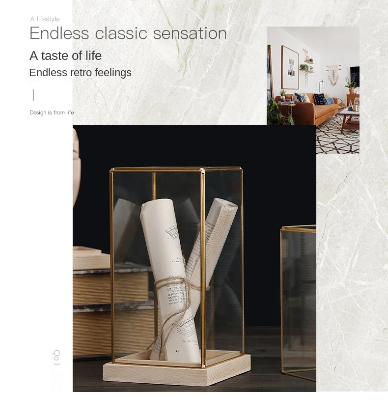 Nordic Luxury Glass Display Box With Brass Margin Wooden Base Used For