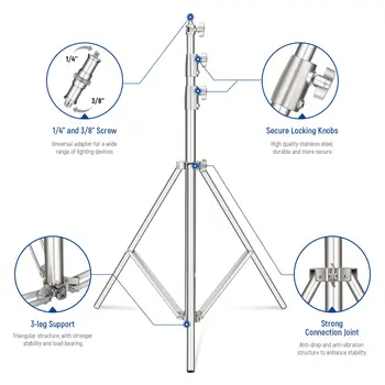 NEEWER 9.2ft/2.8m Stainless Steel Light Stand Heavy Duty Photography Tripod Stand with 1/4 to 3/8 Universal Screw Adapte detail image