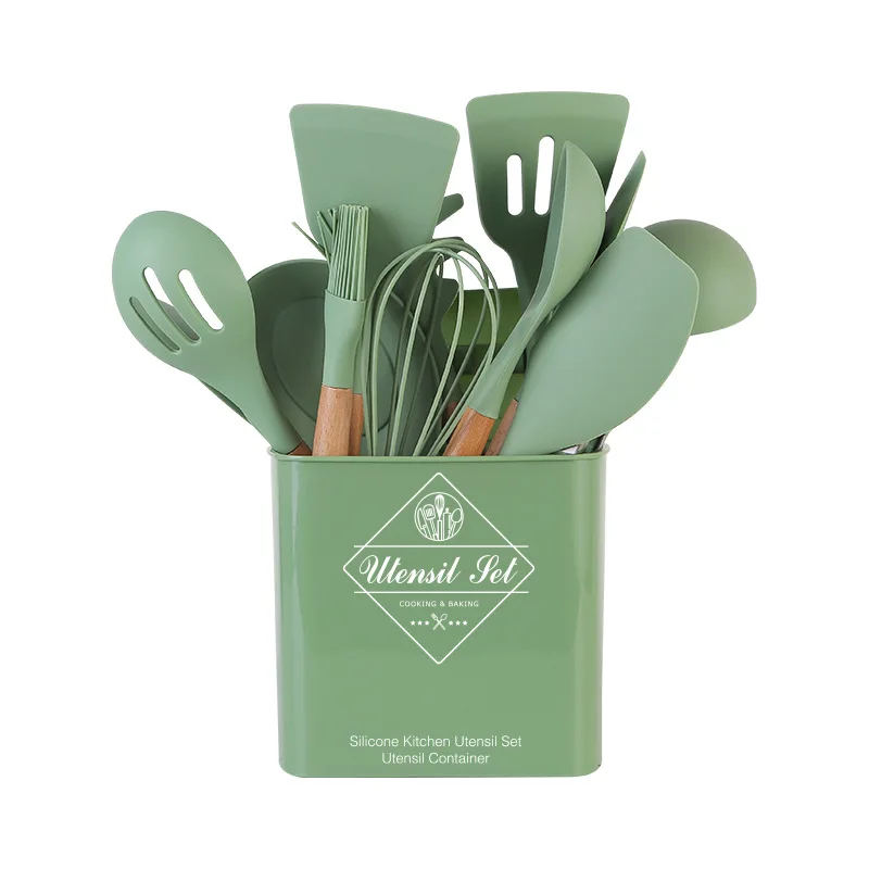 14-piece Set Silicone Kitchen Utensil With Wooden Handles With