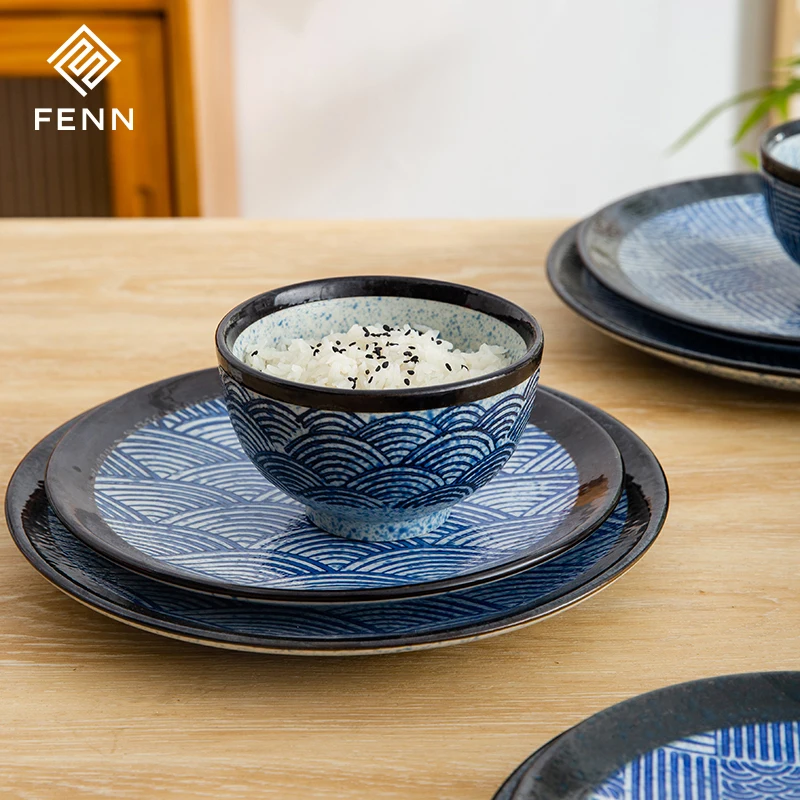 FENN Handpainted Sea Wave 4.5 inch Vintage Japadic Restaurant Ceramic Miso Soup Bowl Set Japanese Rice Bowl