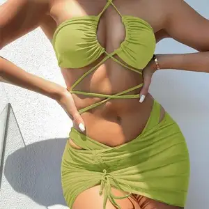 Wholesale Women's 3 Piece Set Solid High Cut Sexy Bikini Swimsuit Eco-friendly Beachwear