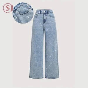 9776 Fashion Straight Jeans for Women Diamonds Pants Stretch High Waist Washed Pockets Vintage Denims Streetwear Female Trousers