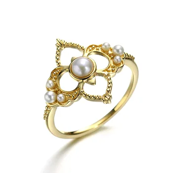 Firstmadam Cheap Wholesale Vintage 14K Solid Gold Pearl Ring Italy Jewelry For Girl Woman Valentine's Day Gift
