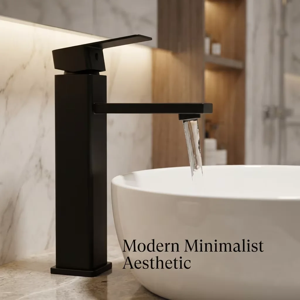 Practical installation of short basin faucet Stainless steel basin faucet installed on modern countertop