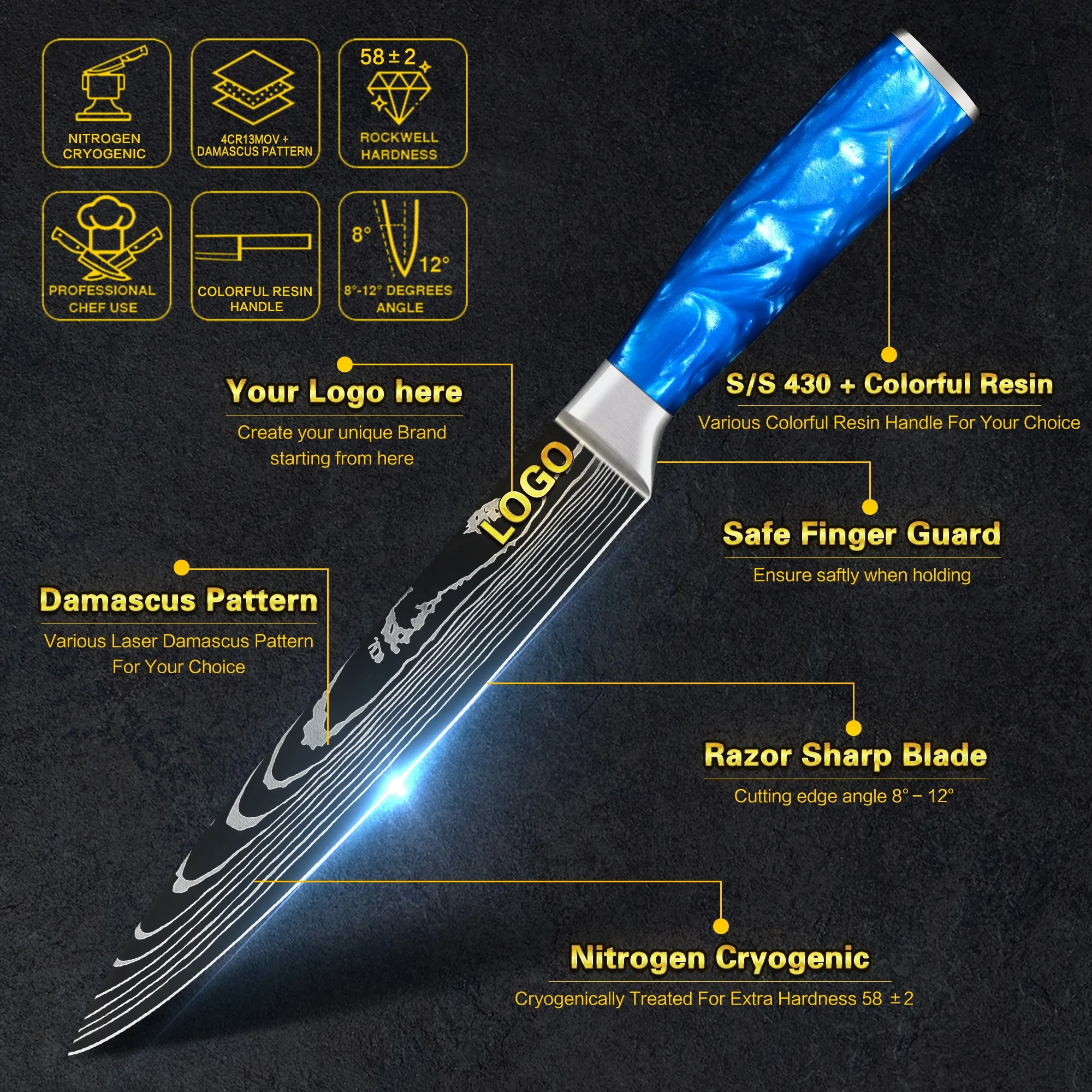 SAPPHIRE, Chef Knife, Premium Damascus Blade, Razor-Sharp Edge