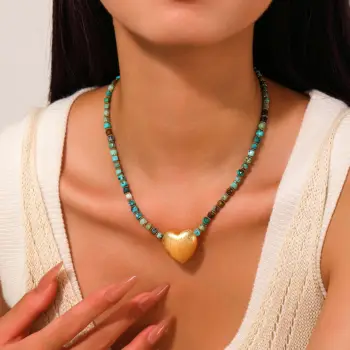 Turquoise Lace and Gold Beaded Heart Pendant Necklace Unisex Trendy Love Necklace Made of Brass
