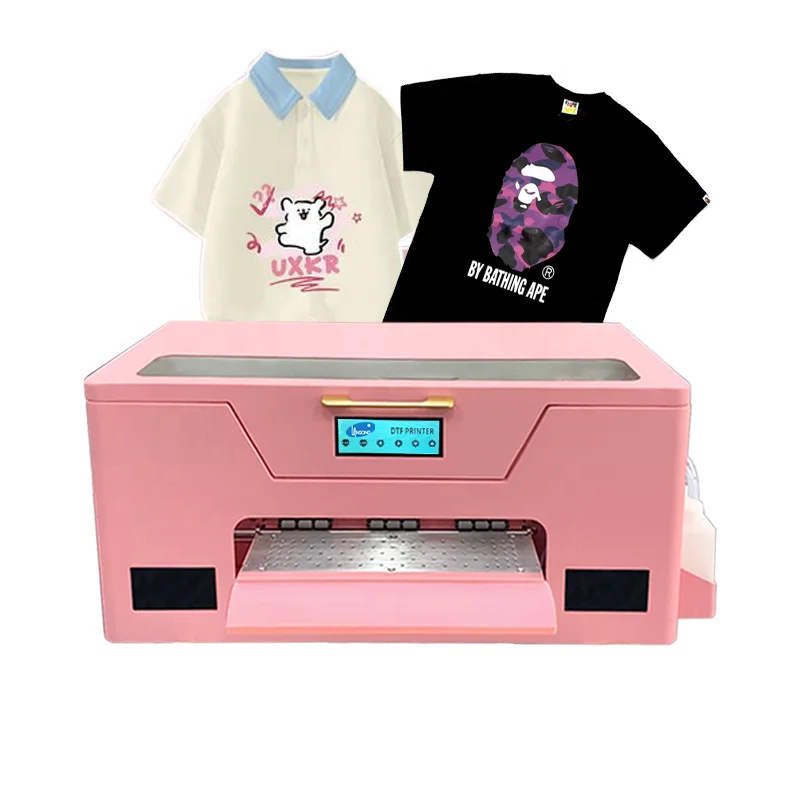 Lansong kichik hajmli pushti rangli A3 formatli DTF inkjet printer, futbolkalarni, kiyim-kechaklarni, shimlarni, podushkalarni, poyabzallarni, jinslarni bosib chiqarish uchun
