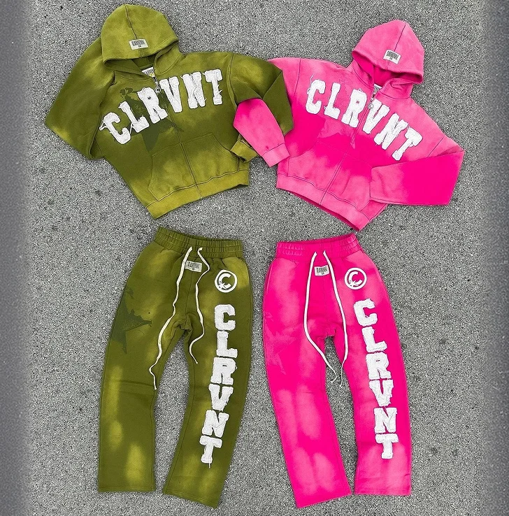 Y2K Streetwear Distressed Embroidery Applique Sweatsuit Thick French Terry Acid Wash Tracksuit Baggy Sweatpants and Hoodie Set gallery 8