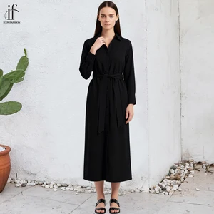 ADYABY OEM Trendy Long Sleeve Formal Dress Women's Custom Elegant Solid Color Button up Front Belted Midi Dress