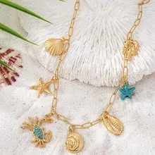 Tropical Holiday Mode Vacation Style Ocean Series Beach Epoxy Starfish Metal Shell Conch Paperclip Chain Necklace -Embellished