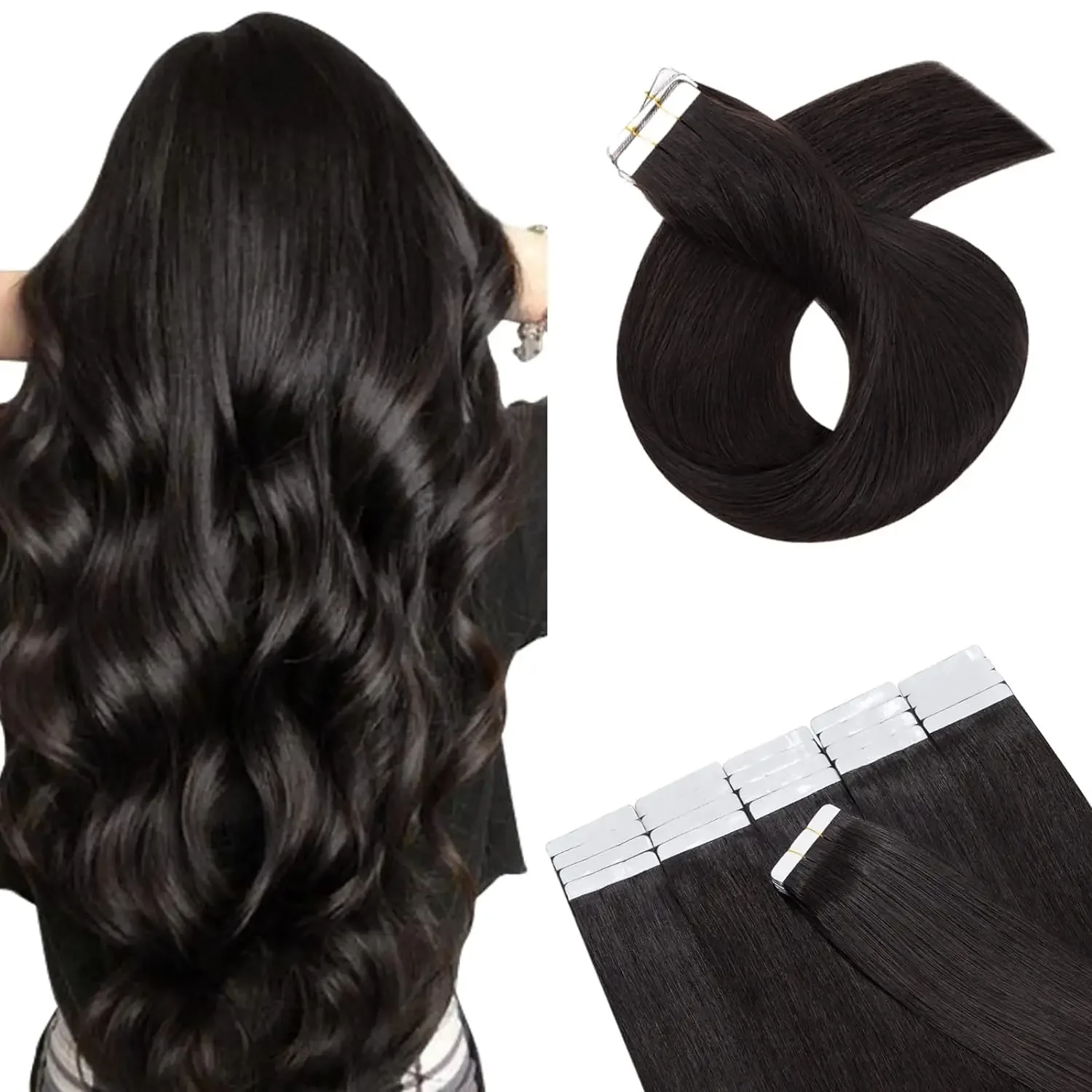 Natural Black Straight Hair Tape In Extensions for Women 1B_voghion.com