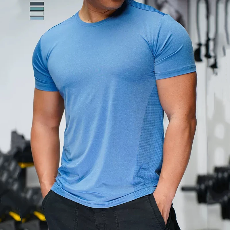 Summer Running Gym Men Nylon Spandex Shirt  Tees Elastic Fit Sports Basketball Training Fitness Quick Dry Ice Silk T Shirts