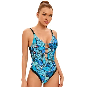 Custom New High Quality Printed Eco-Friendly Fabric One-Piece Bikini Cut Out Swimwear for Women V neck Sexy Swimsuit