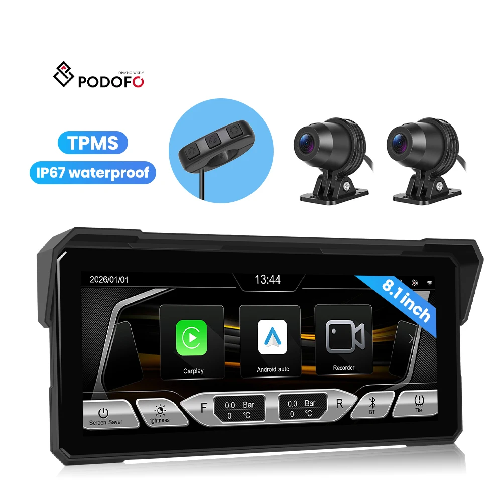 Podofo 8.1 Inch Portable Motorcycle Carplay Moto Wireless Carplay/Android Auto DVR IP67 Waterproof Loop Recording TPMS Wholesale A4735