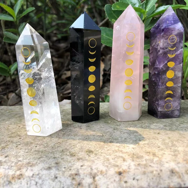 Crystal Tower Obelisk with Moon Phase Symbol Engraved Symbol Wholesale Crystal Point