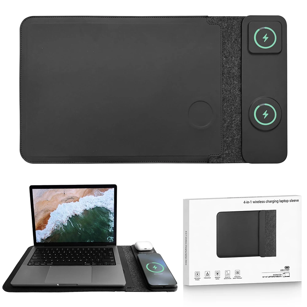 4 in 1 Wireless Charging Laptop Sleeve Travel Phone Earbuds Charging Desk Mouse Pad Business Laptop Cover Case