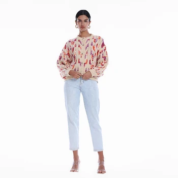 Autumn and Winter Woman's Casual Fashion Jacquard Branch Round Neck Flower Design Sweater New Collection for Foreign Trade