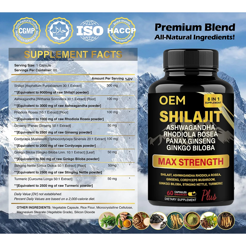 OEM 8-In-1 Shilajit Pure Himalayan Organic Supplement Capsules Adult Energy Boost Rhodiola Rosea Ashwagandha Gingko Biloba
