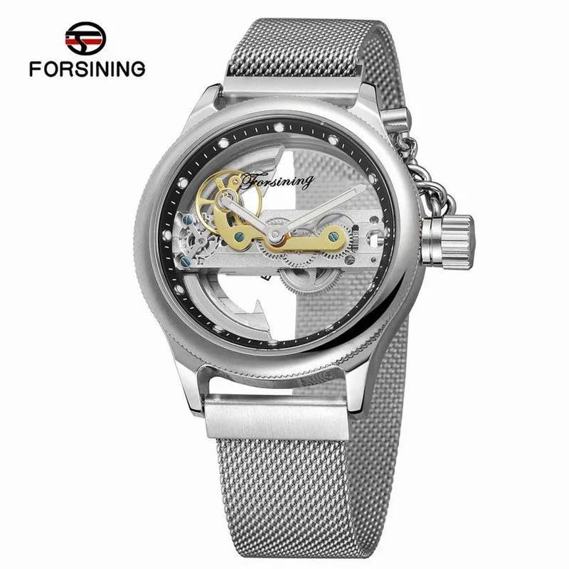 Forsining Men Transparent Design Mechanical Watch Automatic Silver Golden Gear Skeleton Mesh Belts Clock 206