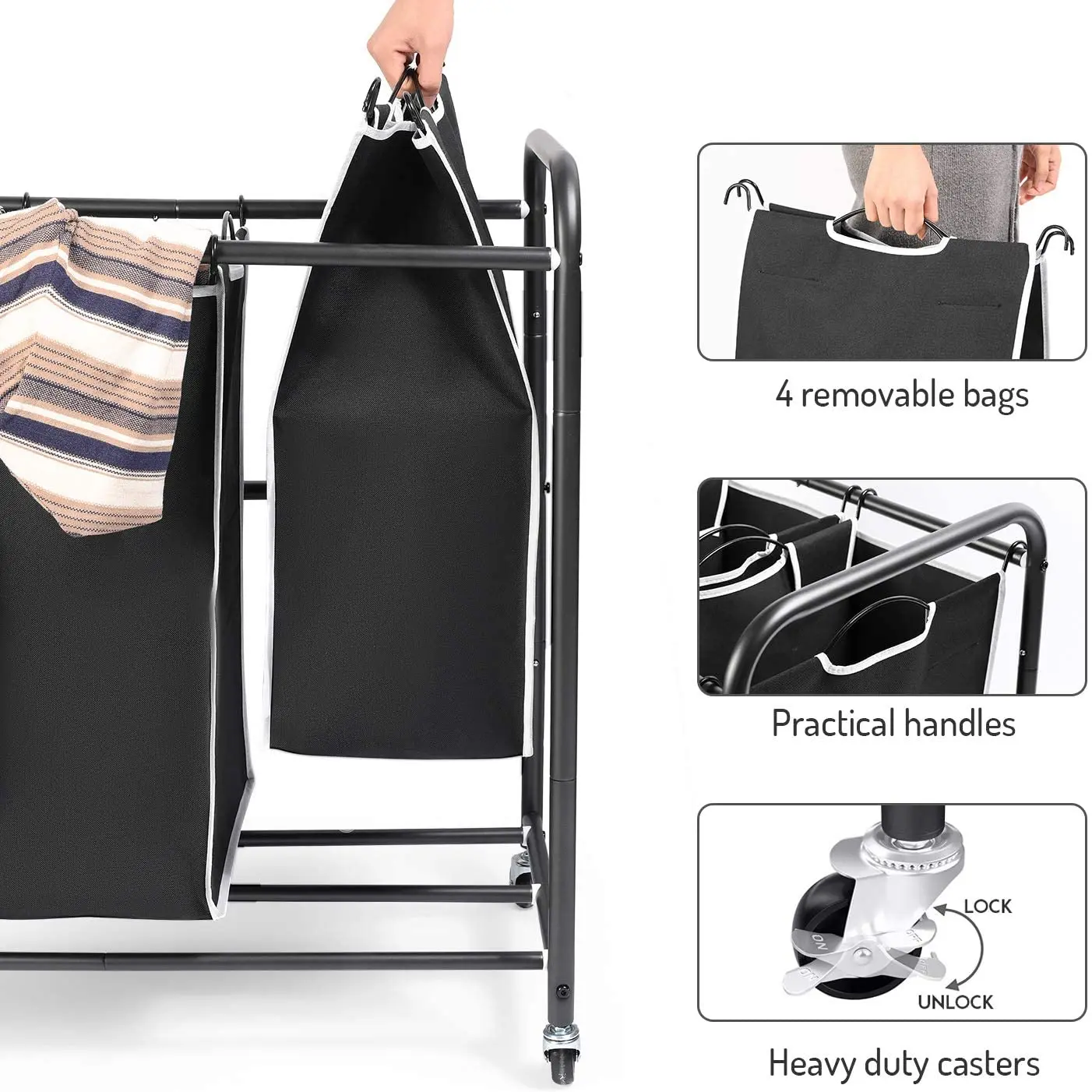 3 Bag Laundry Sorter Cart with Storage Shelf, Laundry Hamper Sorter with  Rolling Wheels and Removable Bags for Clothes Storage,Laundry Organizer  Basket Laundry Clothes Hamper, Black