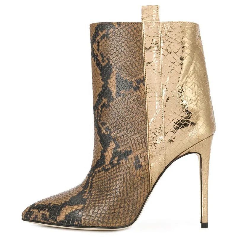 Trendy Color Matching Red Gold Snake Pattern Leather Pointed Toe Stiletto Heel Ankle Boots Women Short Boots High Heels Booties
