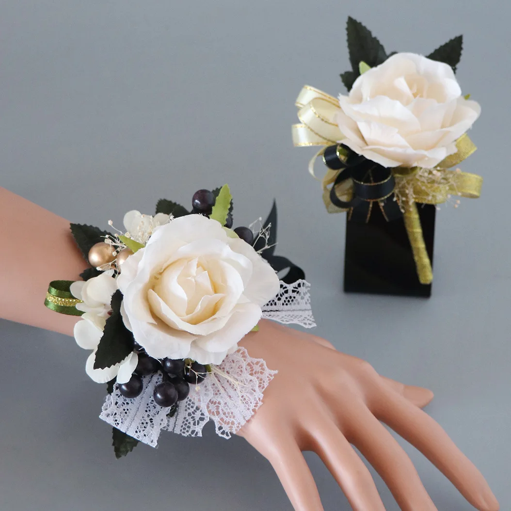 Ivory Rose Wrist Corsage Wristlet Band Bracelet And Men Boutonniere Set For  White Wedding Flowers Accessories Prom Suit Decorations