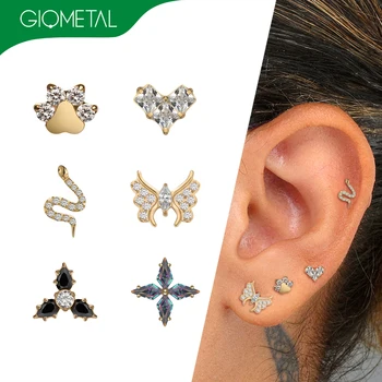 Giometal PVD 18K Gold Gemmed Threaded or Threadless End ASTM F136 Titanium Labret Daith Helix Body Jewelry Piercing Wholesales