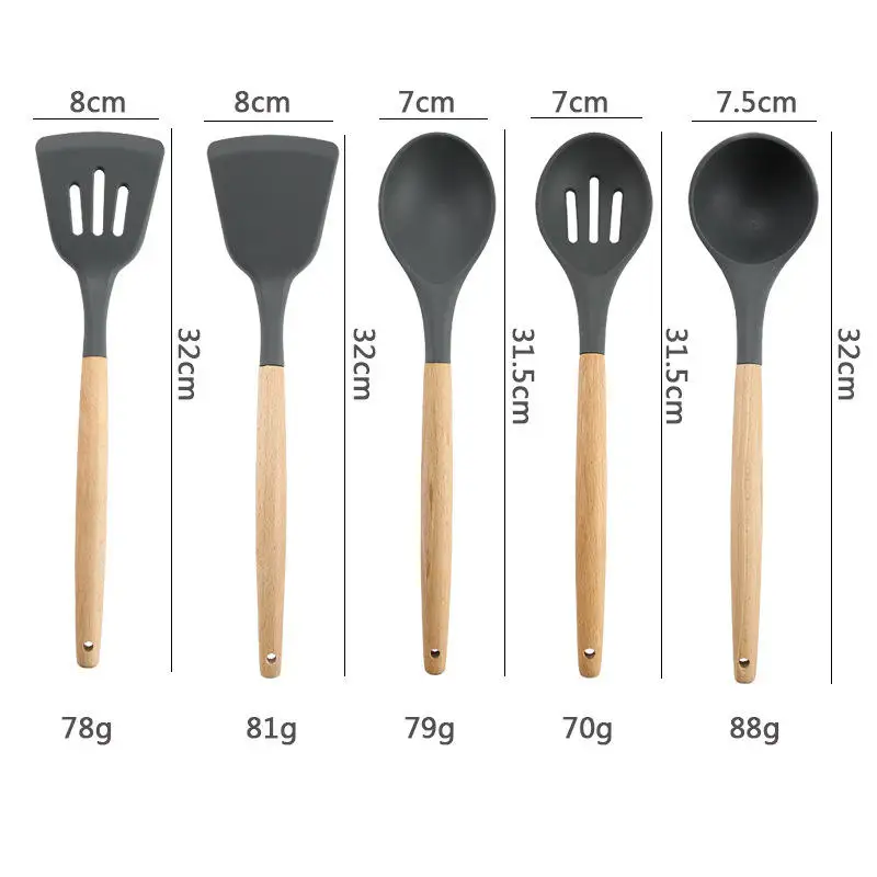 Non-stick Cooking Utensil Silicone Kitchen Utensils Set Factory 12 Pcs Sustainable Wooden Utensils Silicone Tools Modern Simple manufacture