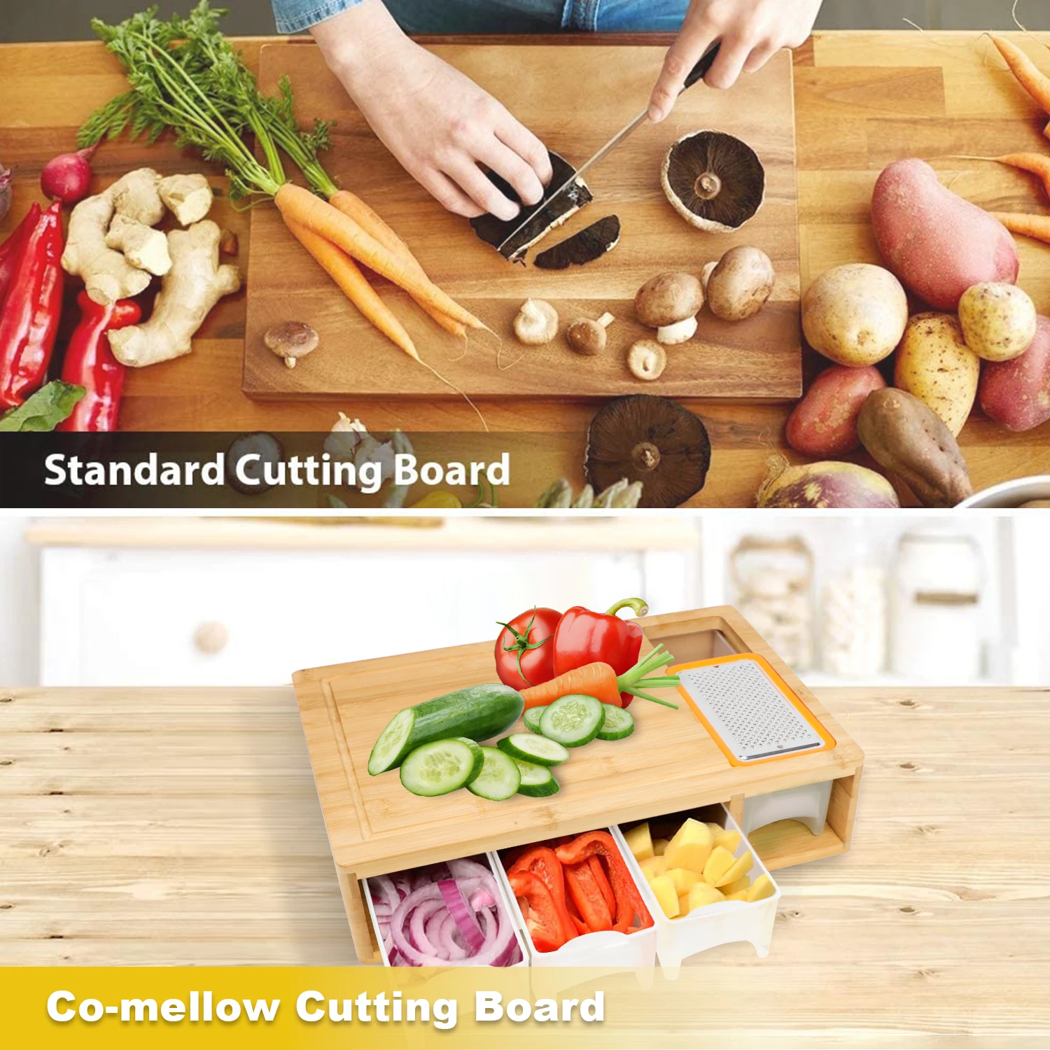 GL Extra Large Bamboo Cutting Board Chopping Block with Juice Groove and Containers for Food Preparation