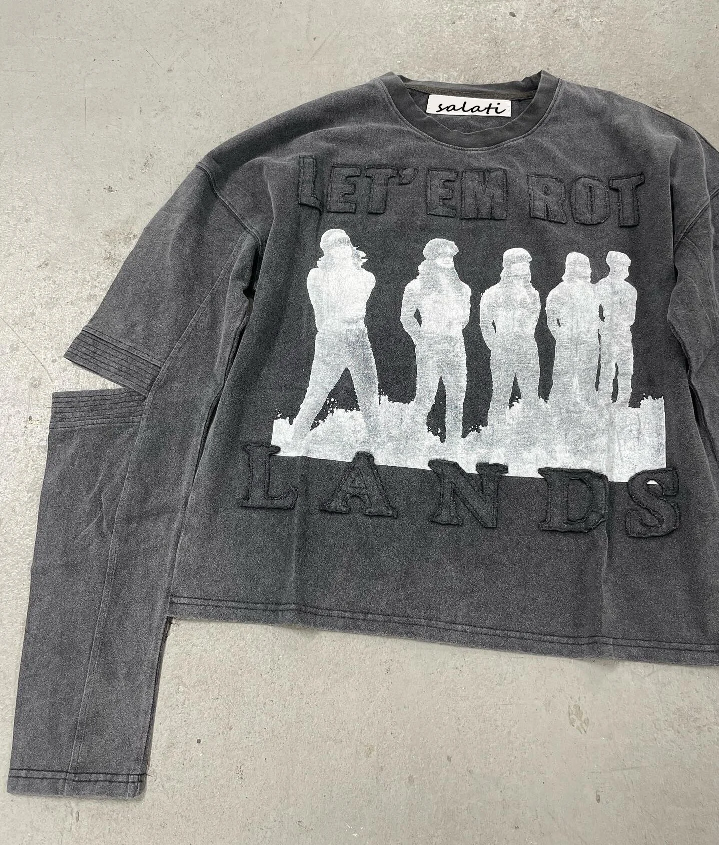 Customize Graphic Cropped Top Tee Print Black Applique Embroidery Cotton Stone Acid Wash Long Sleeve T-shirts T Shirt for Men gallery 4